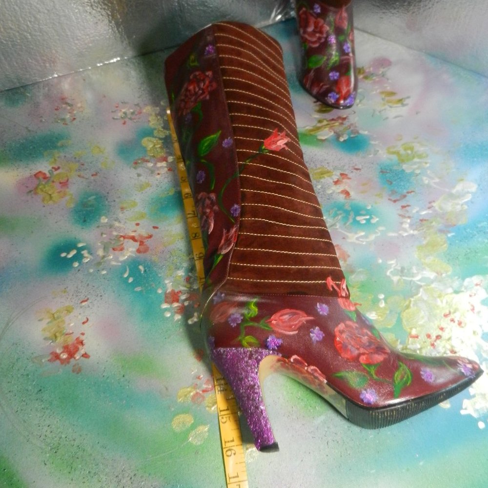 VTG OOAK floral suede boots Never Promised You a Rose Garden burgundy leather - Picture 8 of 16